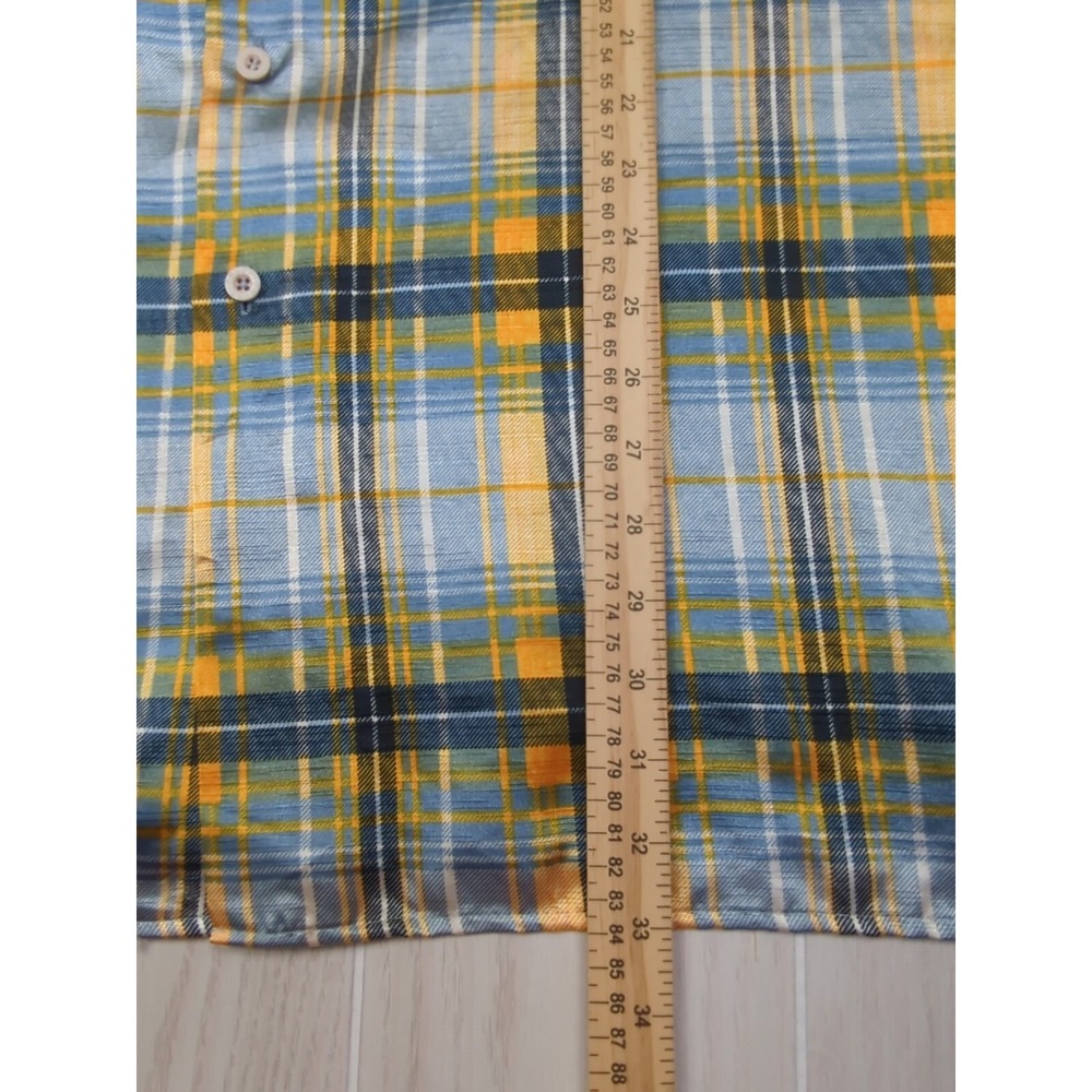 Trust Made Korea vintage men's XL blue yellow plaid Button front Shirt polyester - Picture 6 of 12